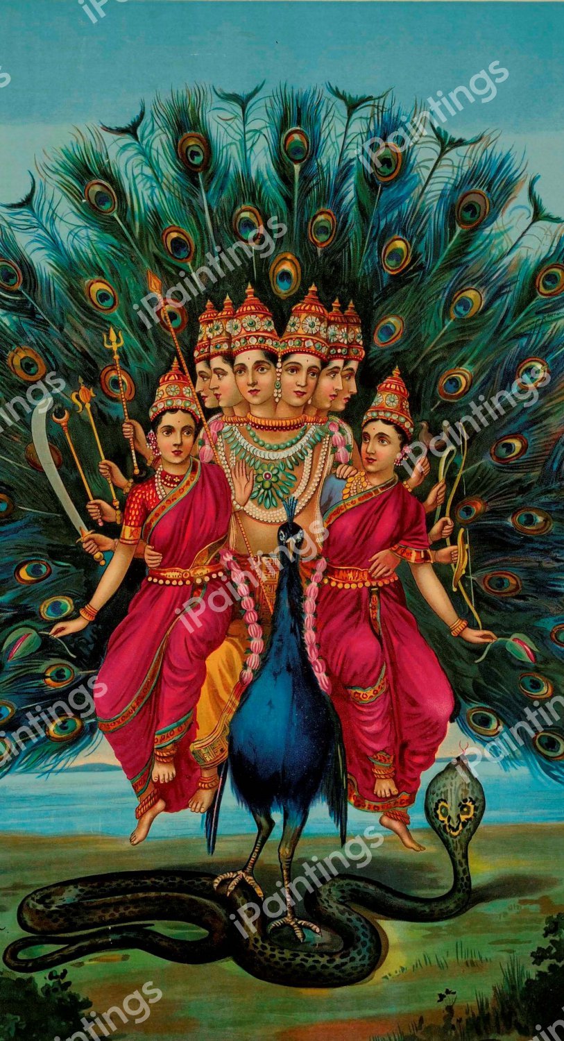 Lord Kartikeya with his Wives in his Peacock Mount. The painting by Raja Ravi Varma