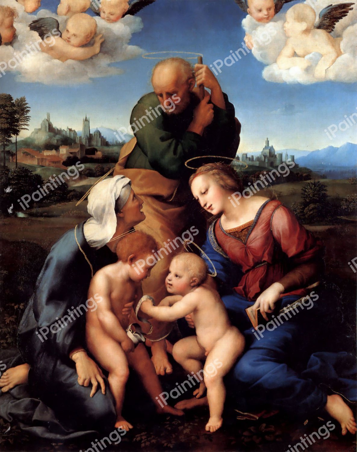 The Holy Family with Saints Elizabeth and John. The painting by Raphael 