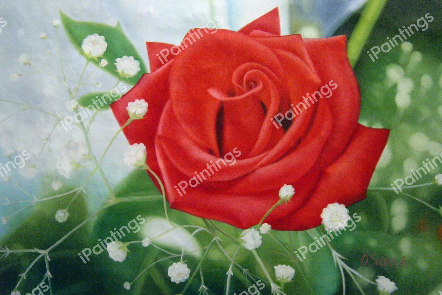 Red Rose Surrounded By Baby's Breath. The painting by Our Originals