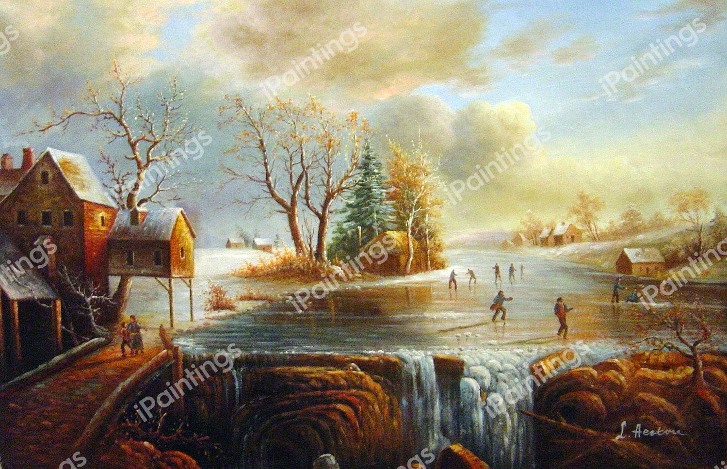 Skaters On A Frozen Pond. The painting by Regis-Francois Gignoux