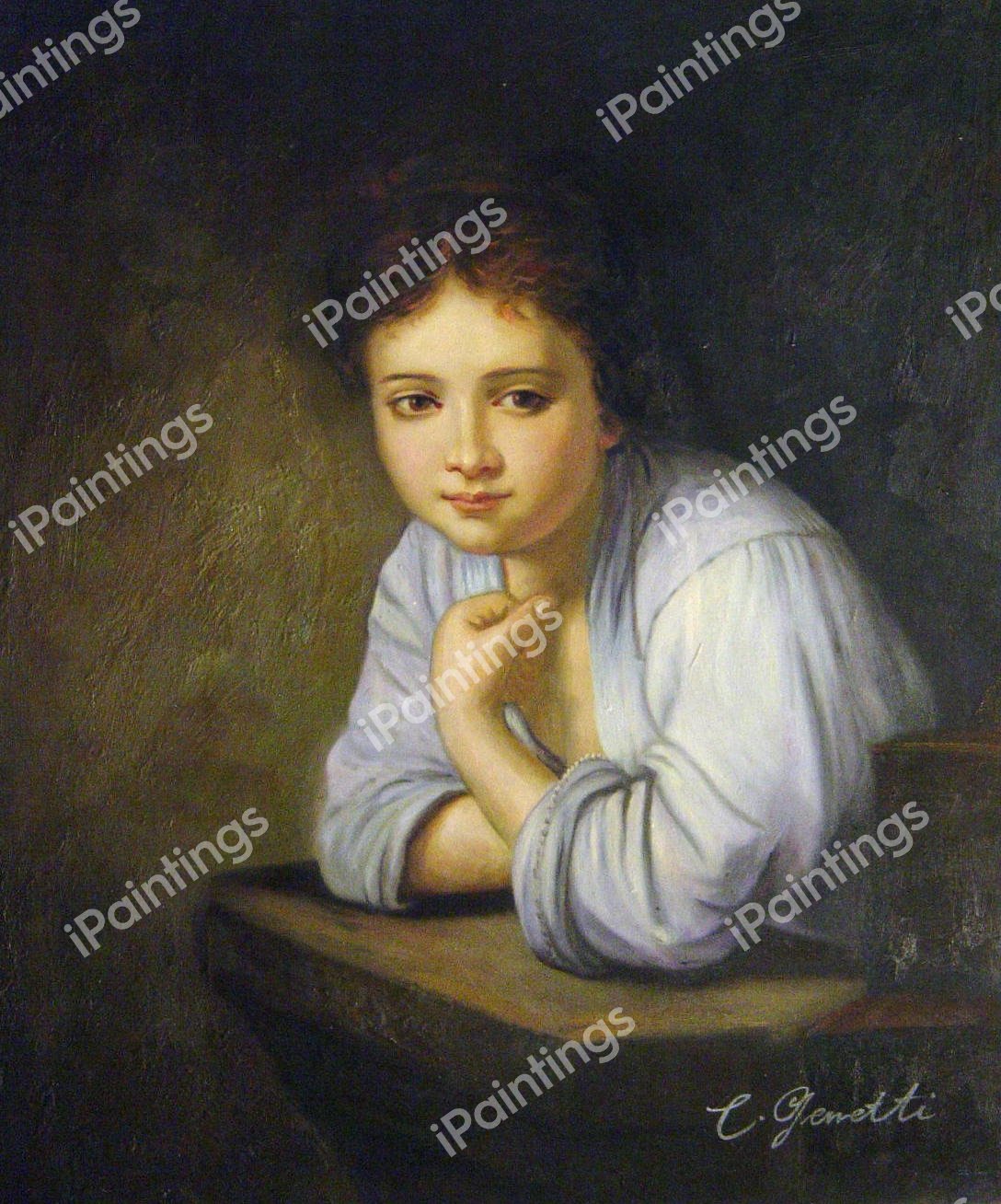 A Young Girl Leaning On A Window. The painting by Rembrandt van Rijn
