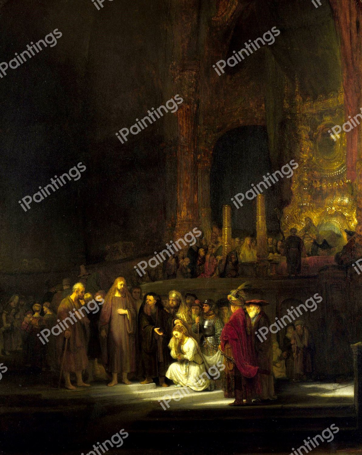 Christ and the Woman Taken in Adultery. The painting by Rembrandt van Rijn
