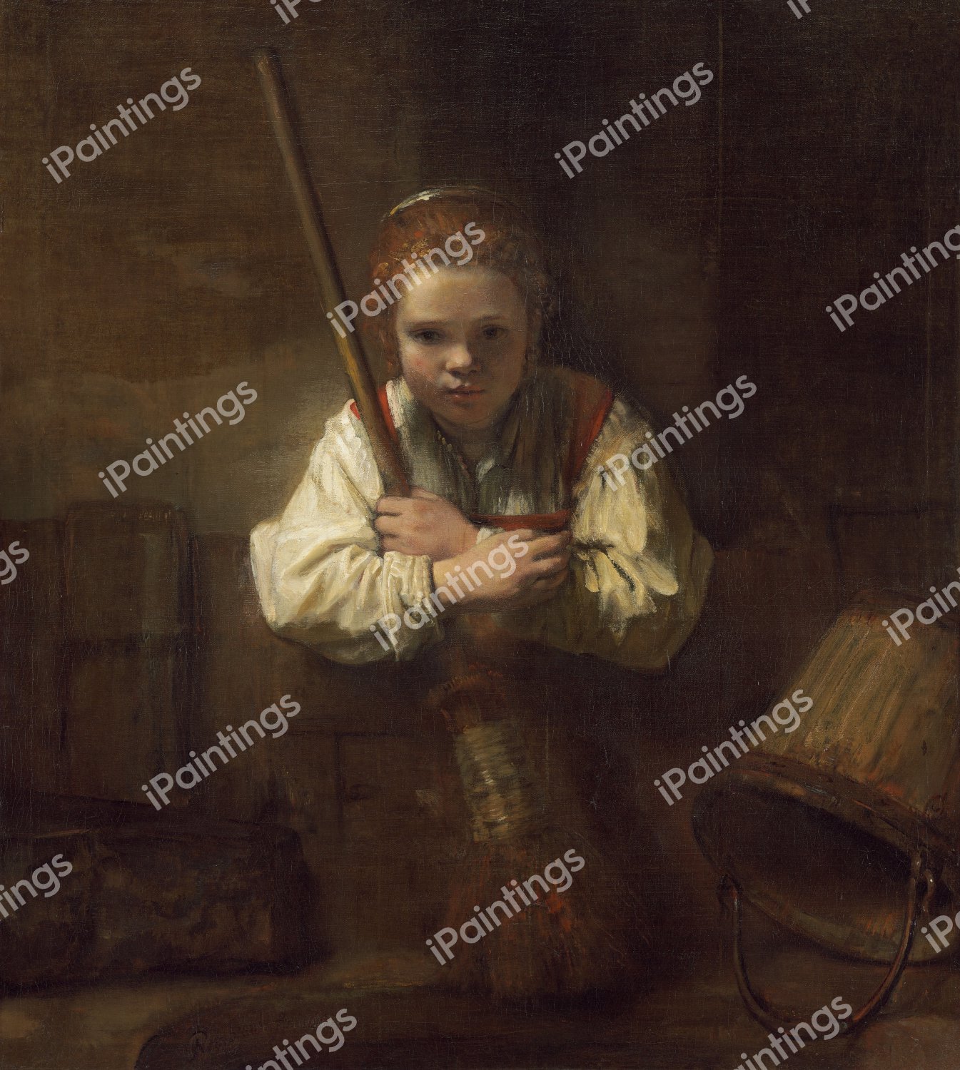 Girl with a Broom. The painting by Rembrandt van Rijn