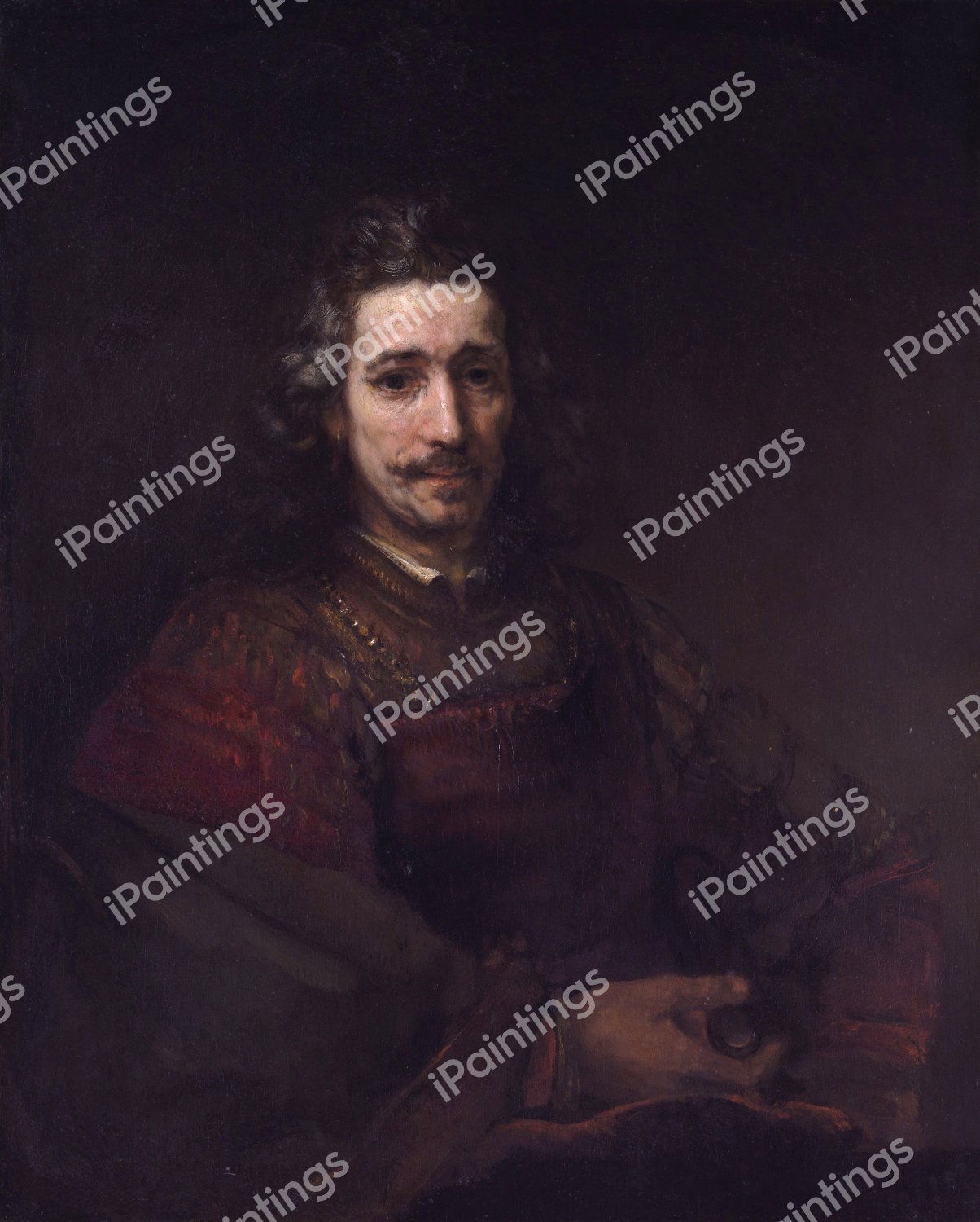 Man with a Magnfying Glass. The painting by Rembrandt van Rijn