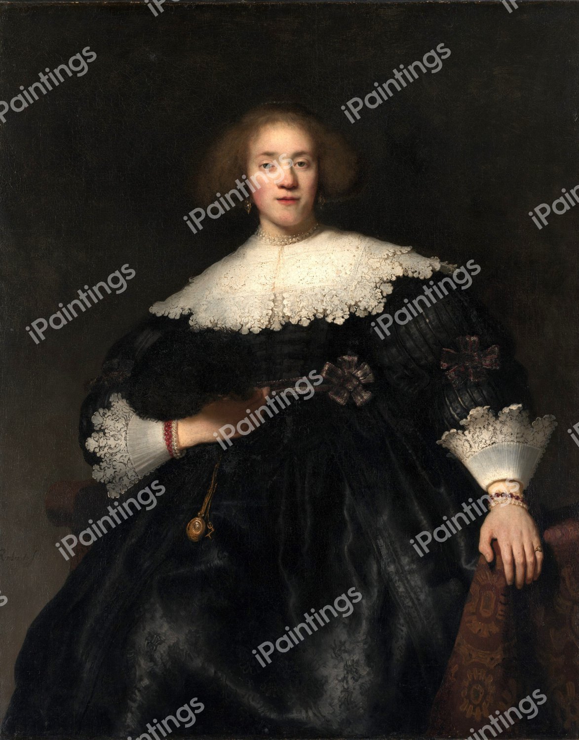 Portrait of a Young Woman with a Fan. The painting by Rembrandt van Rijn