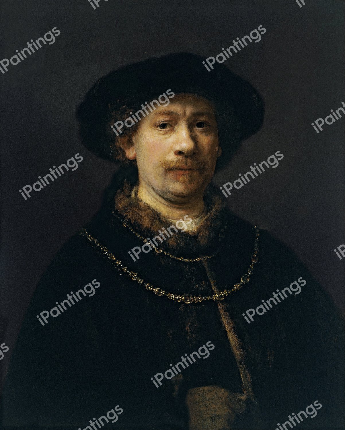 Self Portrait Wearing a Hat and Two Chains. The painting by Rembrandt van Rijn