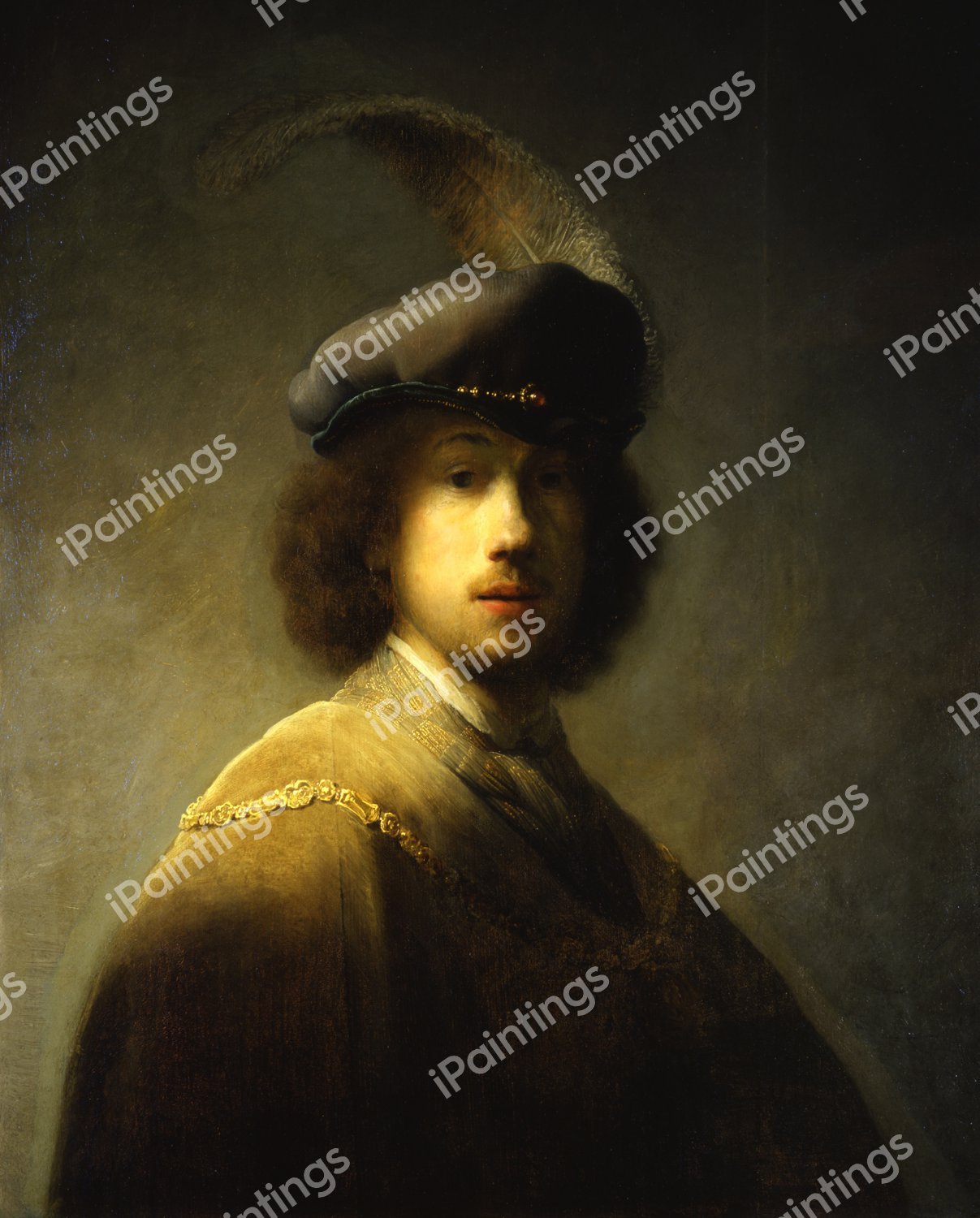Self Portrait with Feathered Beret. The painting by Rembrandt van Rijn