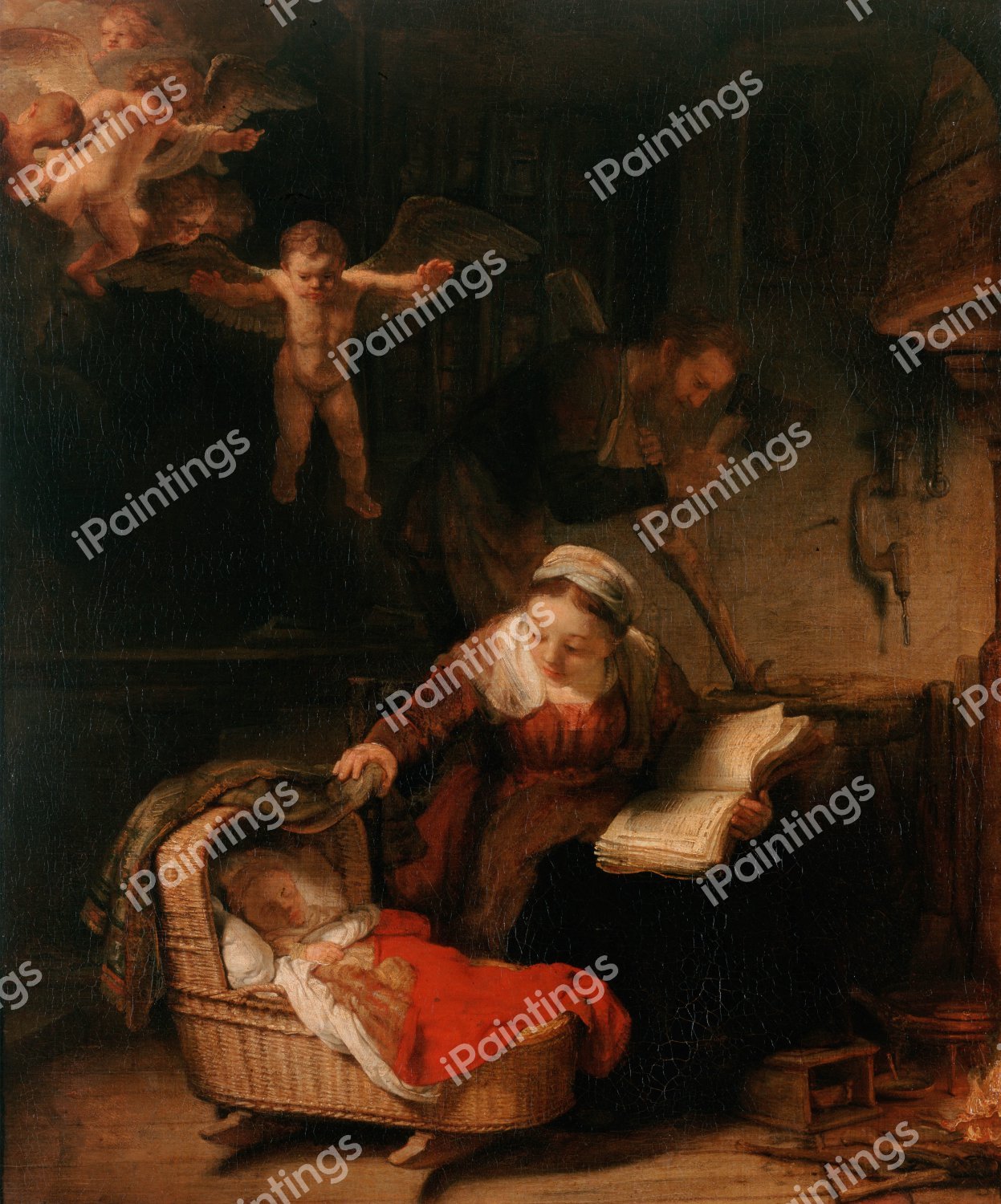 The Holy Family with Angels. The painting by Rembrandt van Rijn