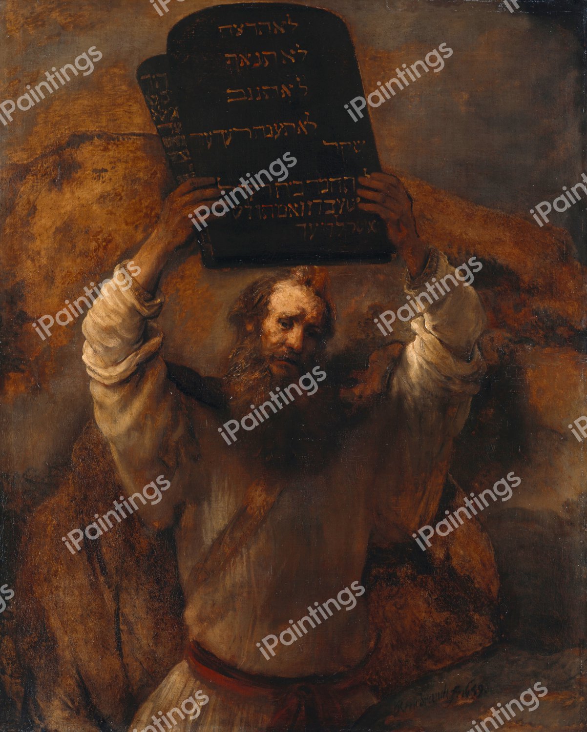 The Ten Commandments . The painting by Rembrandt van Rijn