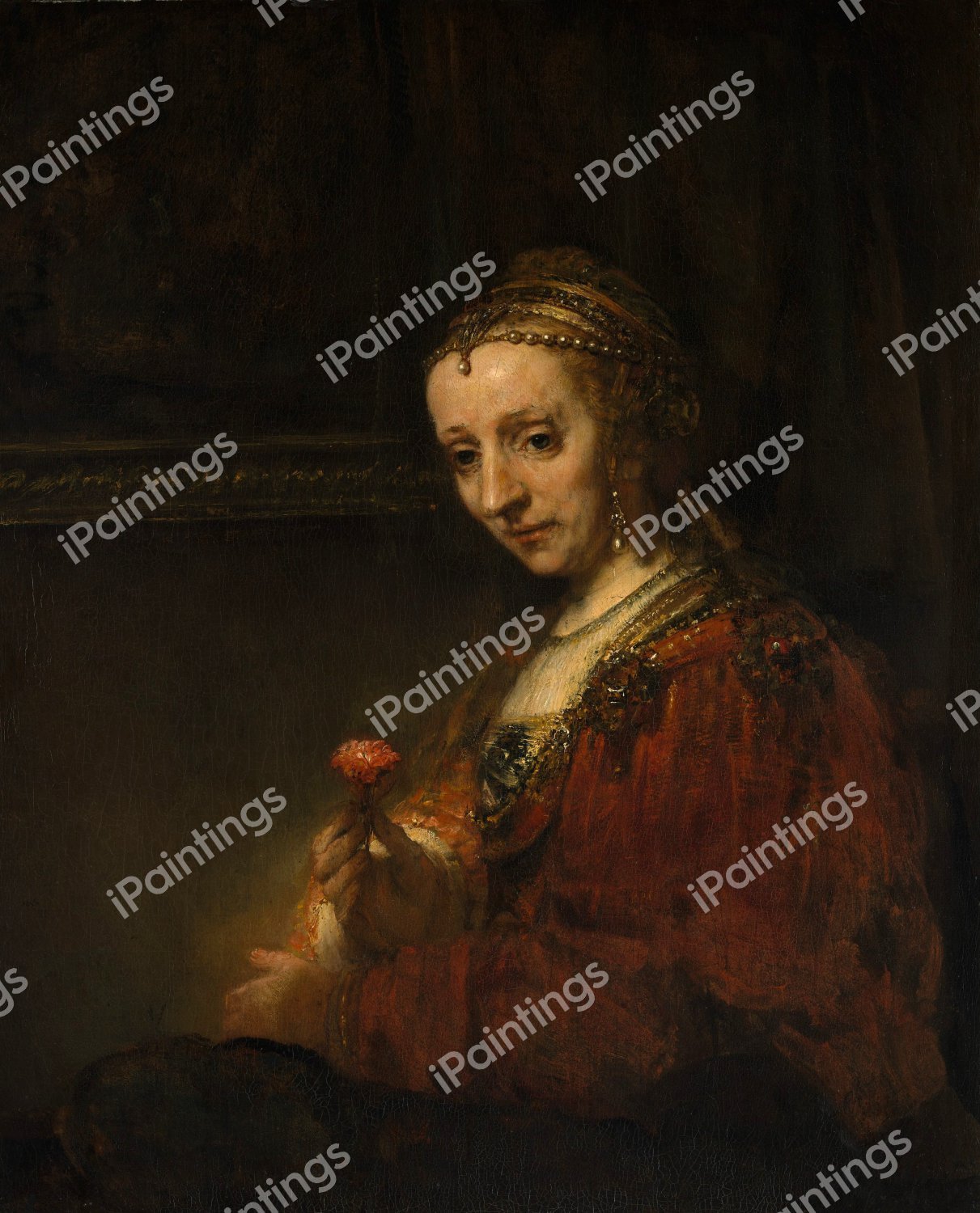 Woman with a Pink. The painting by Rembrandt van Rijn