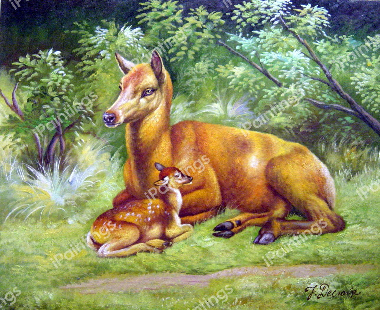 Doe And Fawn In A Thicket. The painting by Rosa Bonheur