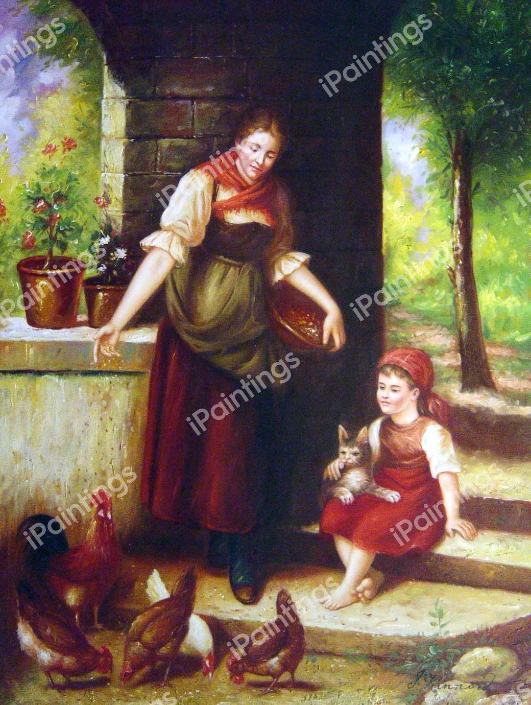 Feeding The Chickens. The painting by Rudolph Epp