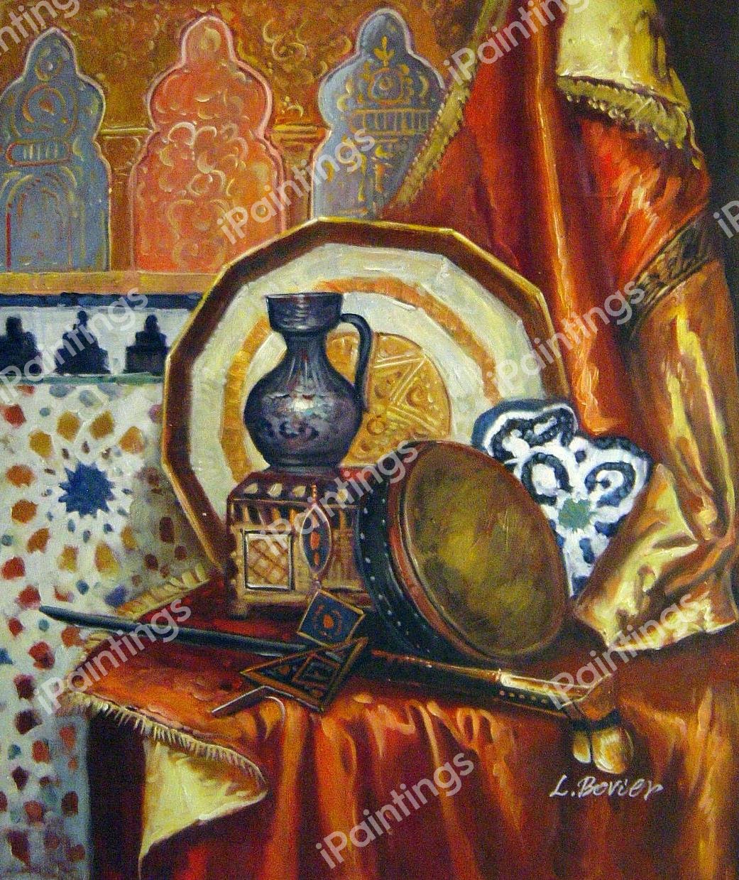 A Tambourine, Knife, Moroccan Tile And Plate. The painting by Rudolph Ernst