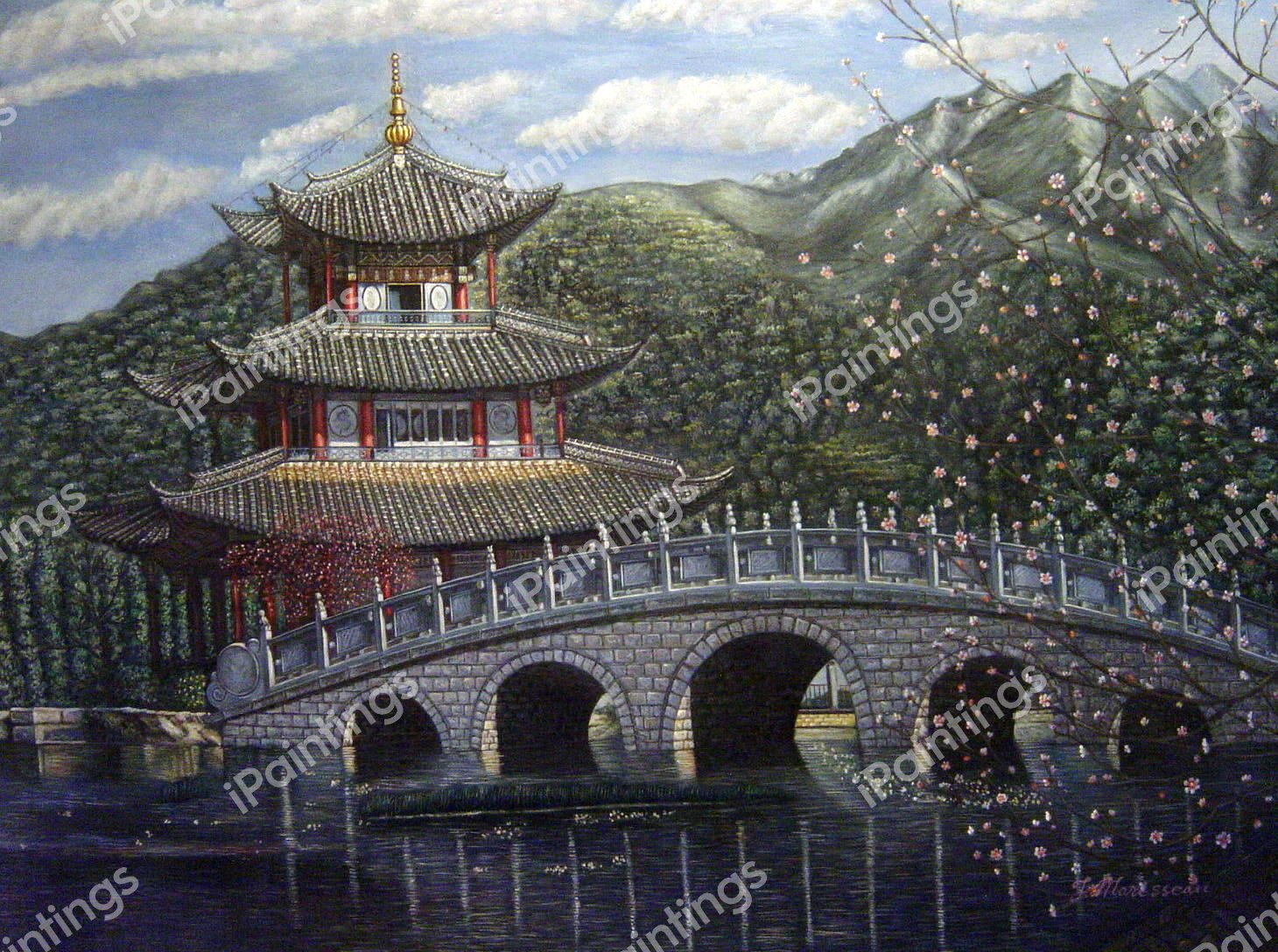 Scenic Asian Bridge. The painting by Our Originals