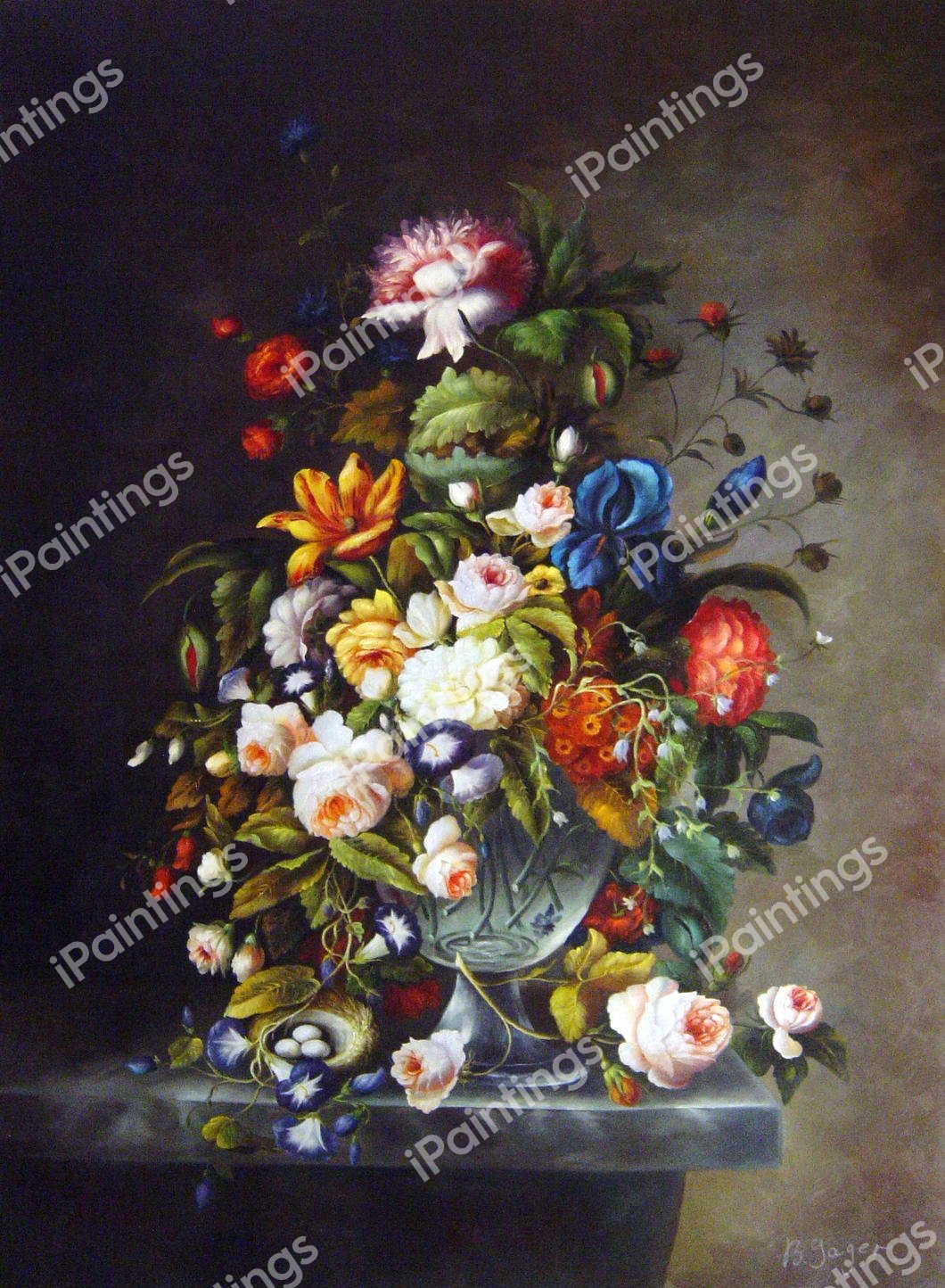 Floral Still Life With Bird's Nest. The painting by Severin Roesen