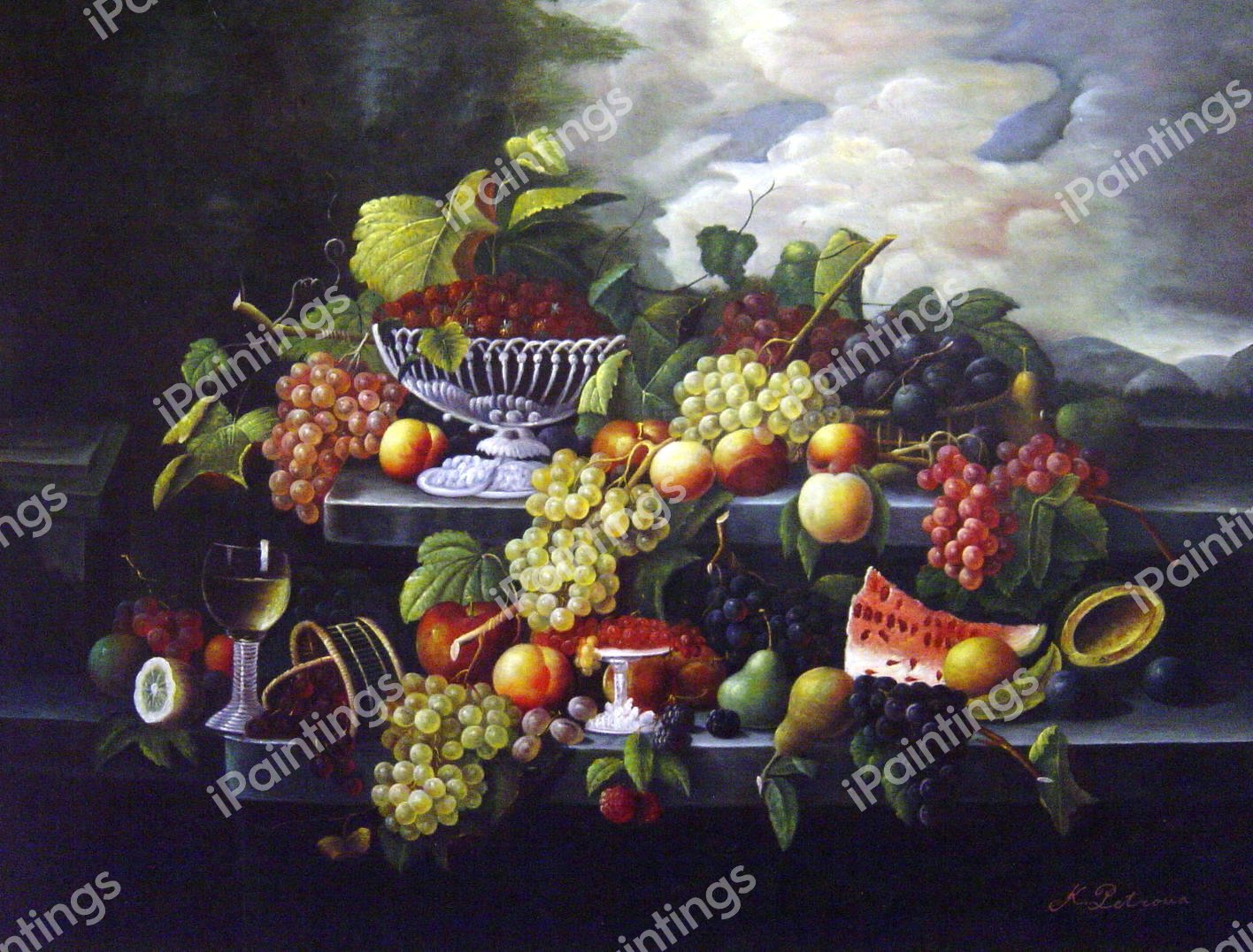 Fruit Still Life With Wine Glass In A Landscape. The painting by Severin Roesen