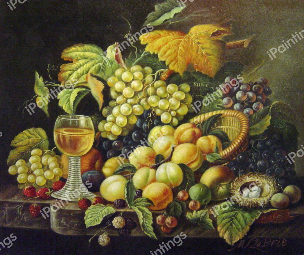 Still Life With Fruit, Bird's Nest And Wine Glass. The painting by Severin Roesen