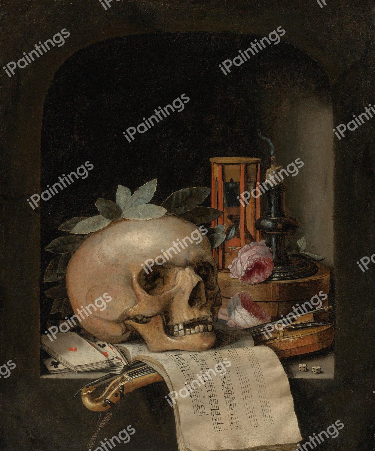 Vanitas Still Life with Wreathed Skull. The painting by Simon Renard De Saint Andre