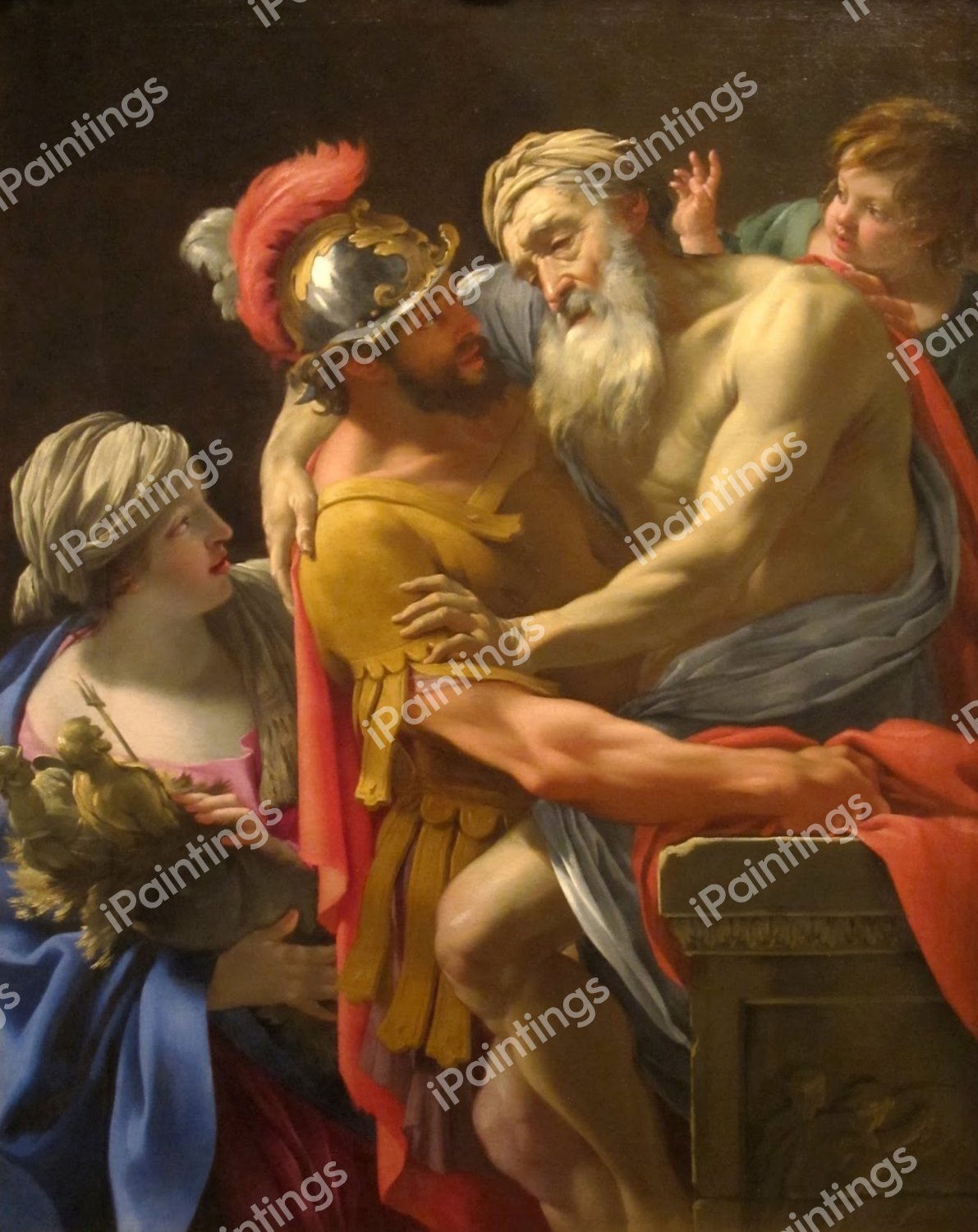 Aeneas and his Father Fleeing Troy. The painting by Simon Vouet