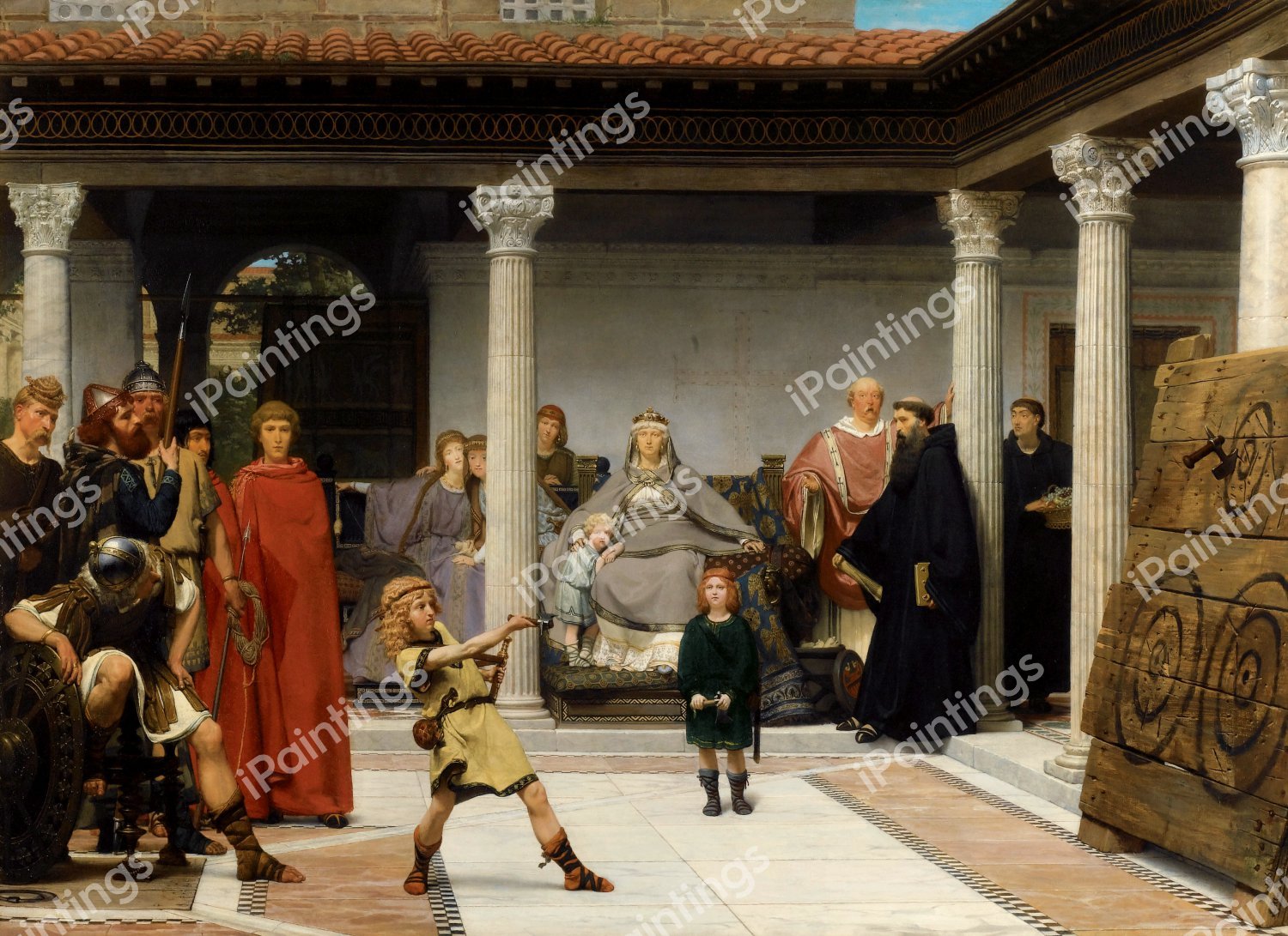 Education of the Children of Clovis (School of Vengeance, Training of Clotilde's Sons). The painting by Sir Lawrence Alma-Tadema
