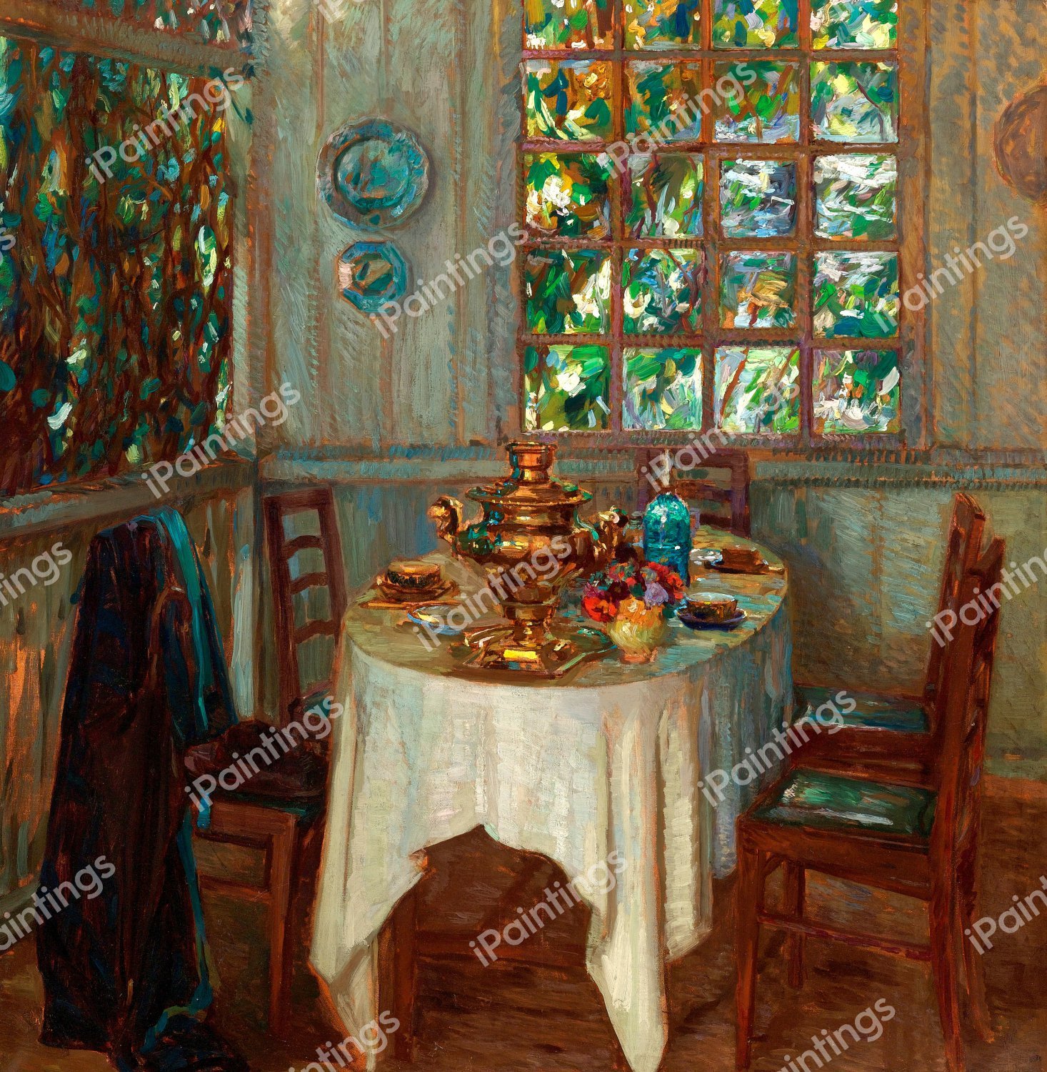 An Interior with Samovar, 1914. The painting by Stanislav Yulianovich Zhukovsky