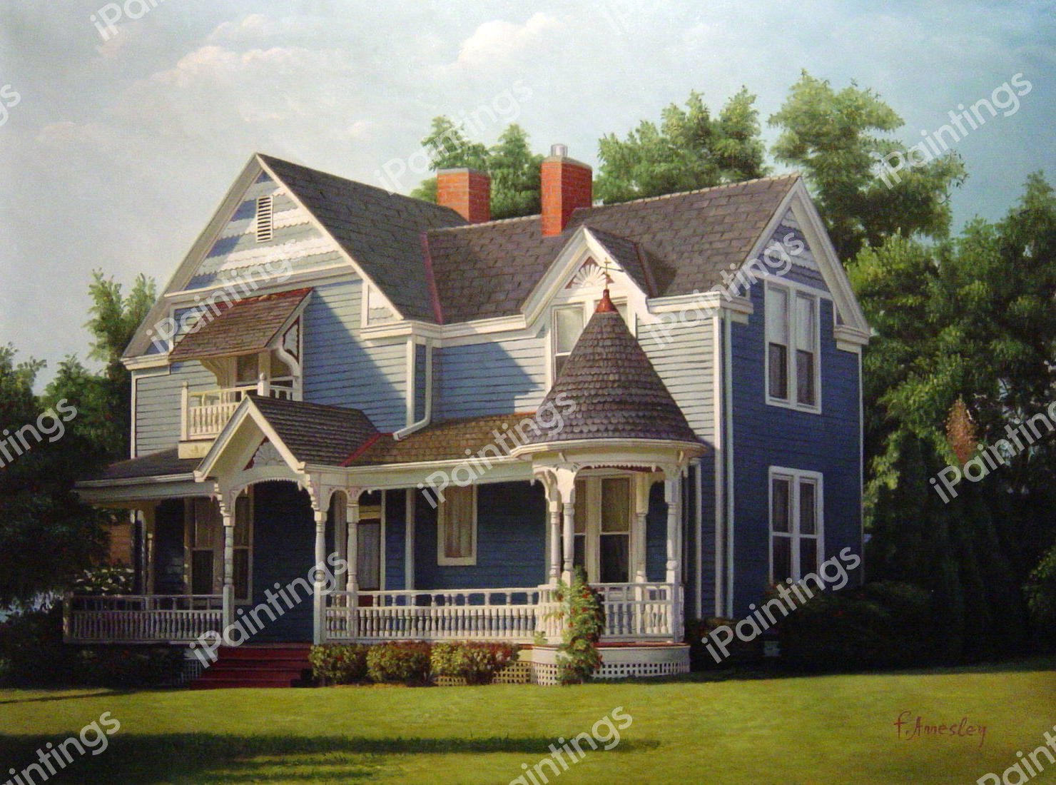 The Blue Victorian House. The painting by Our Originals