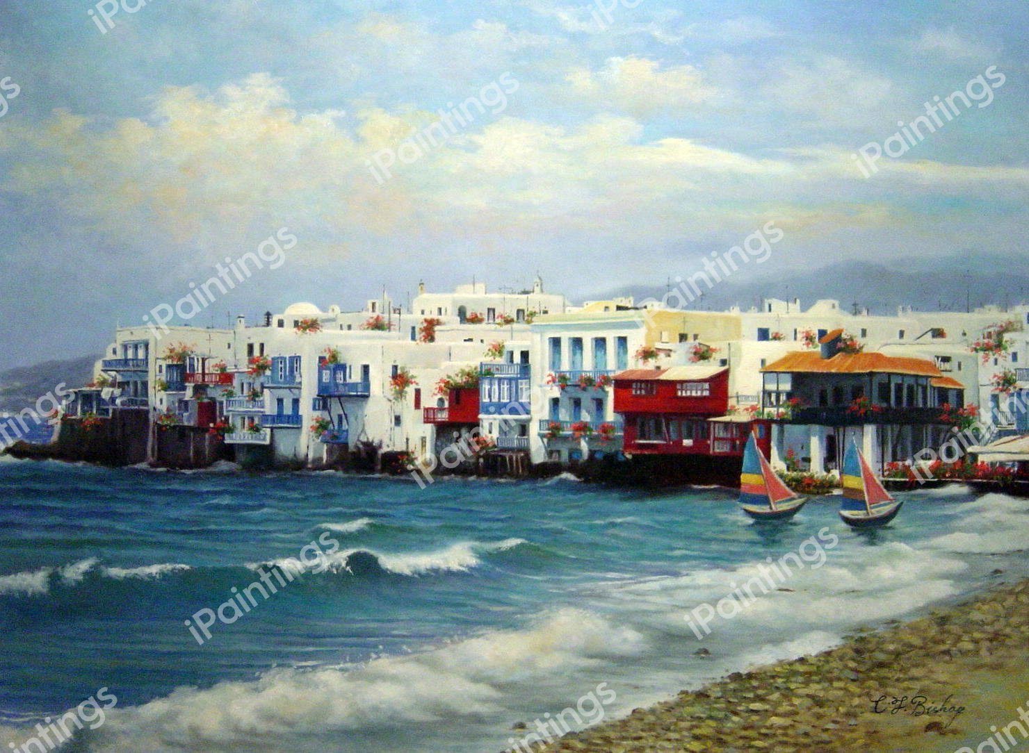 The Shoreline Of Beautiful Mykonos. The painting by Our Originals