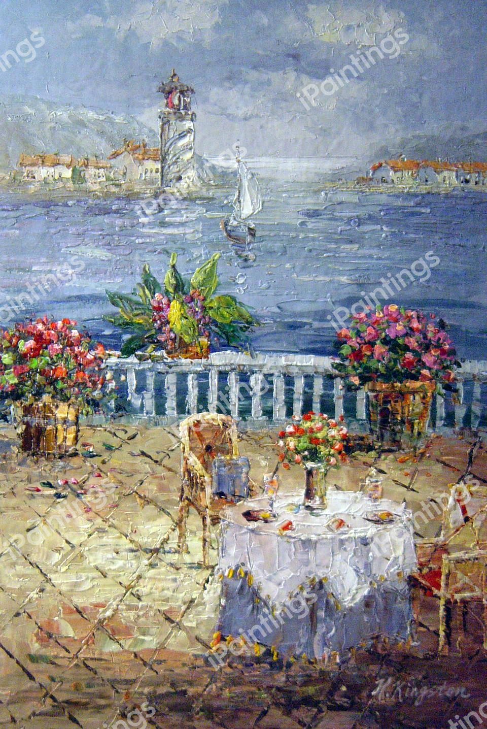 The Veranda Overlooking A Lighthouse. The painting by Our Originals