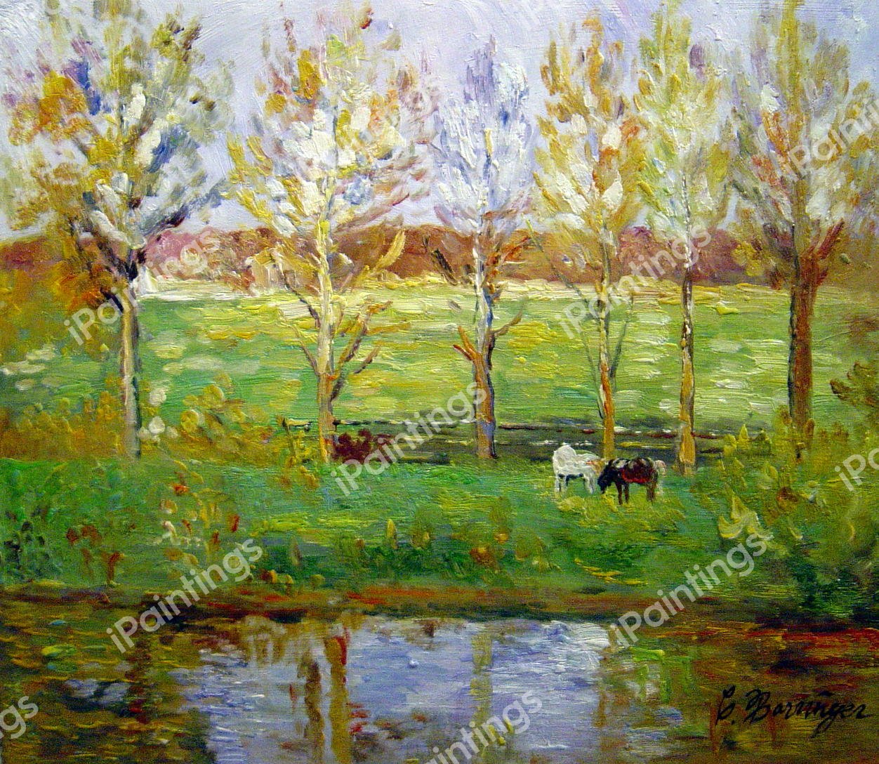 Cows By The Stream. The painting by Theodore Clement Steele