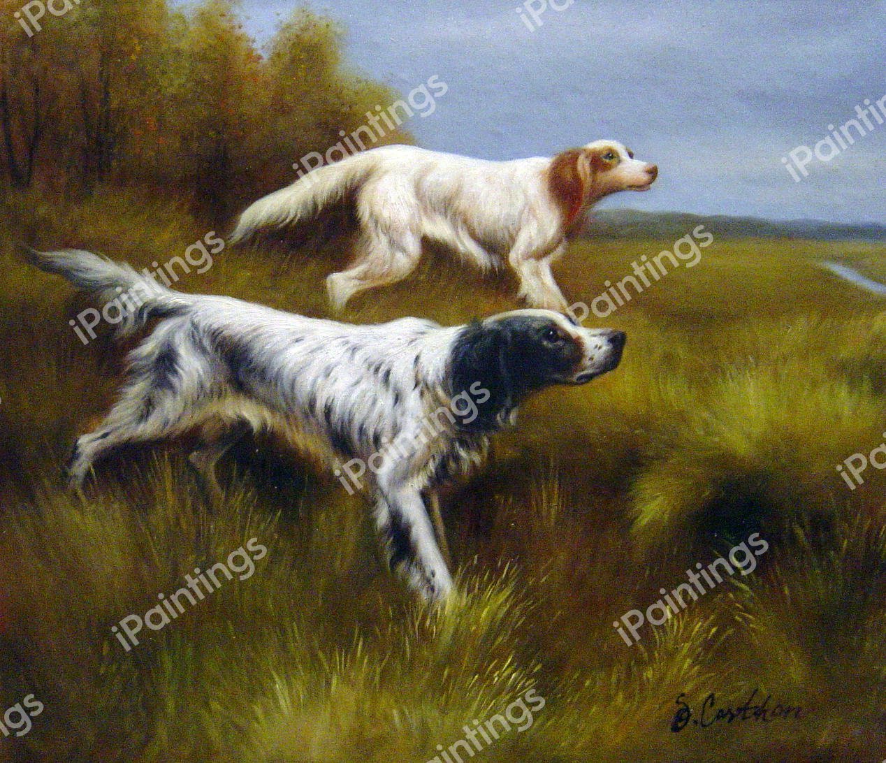 English Setters On Point. The painting by Thomas Blinks