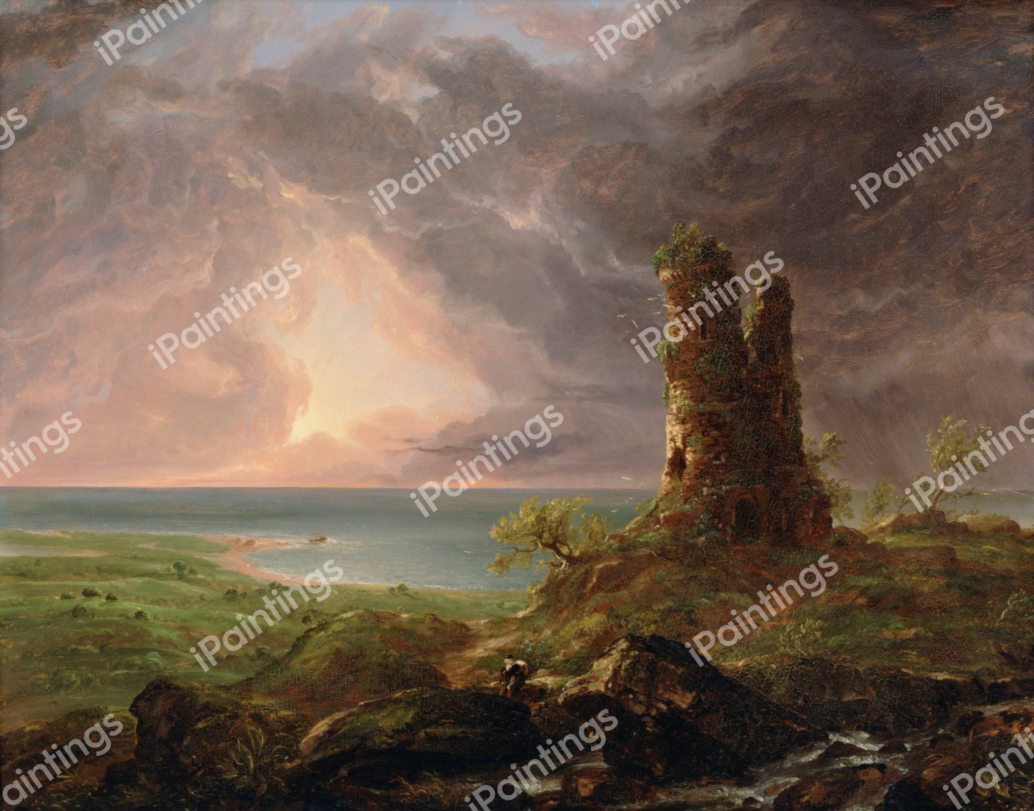 Ruined Tower (Mediterranean Coast Scene with Tower). The painting by Thomas Cole
