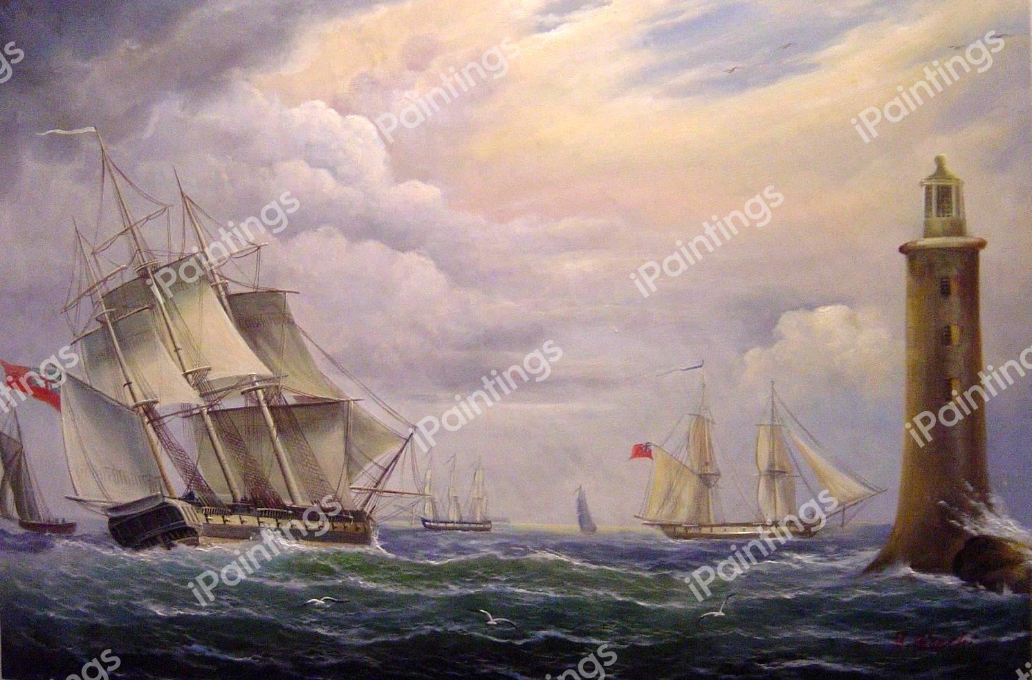 Frigate And A Naval Brig Passing The Eddystone Lighthouse. The painting by Thomas Hornbrook