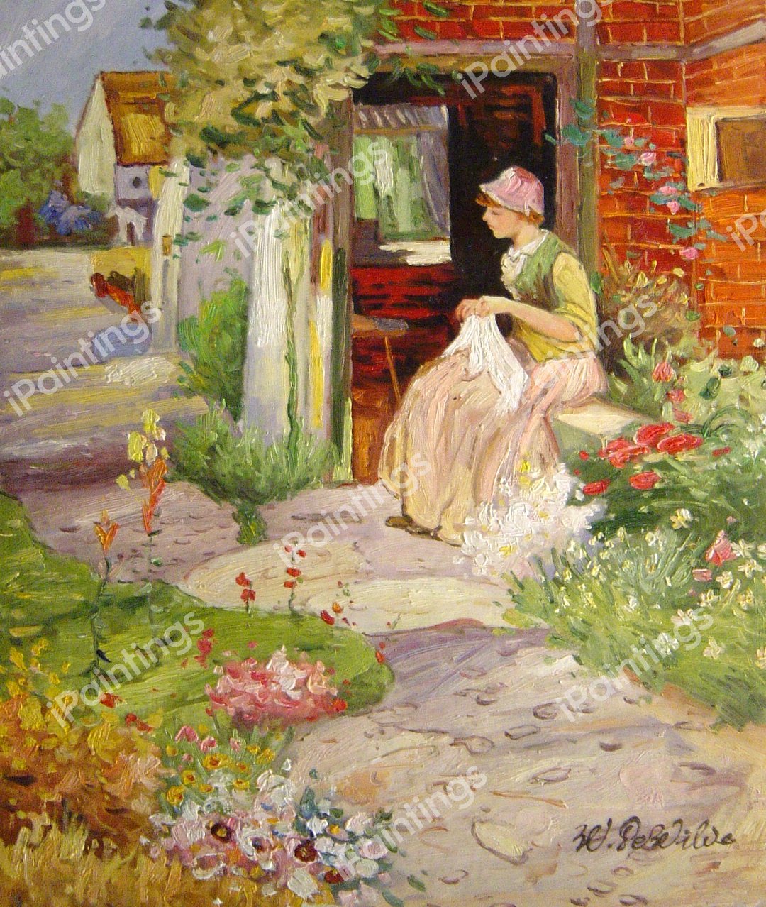 Girl Sewing At The Door Of A Cottage. The painting by Thomas MacKay