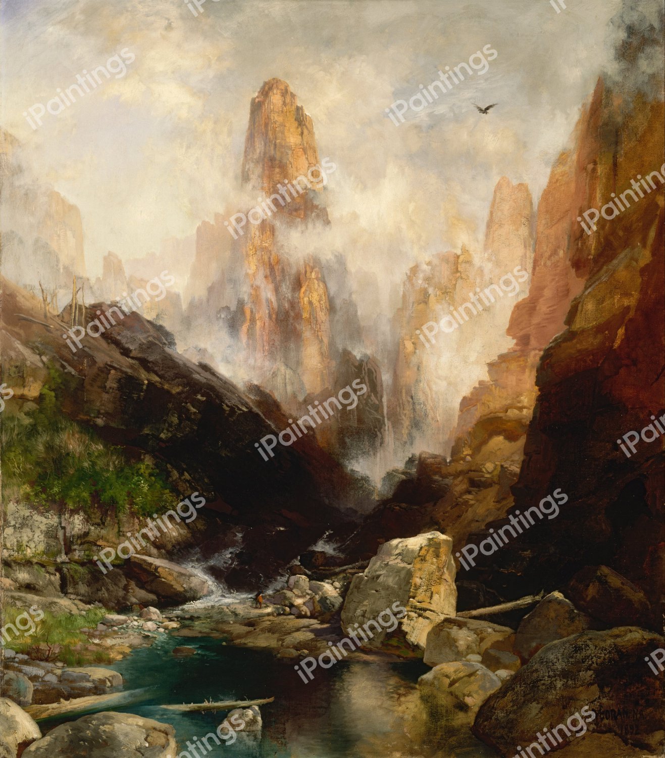 Mist in Kanab Canyon, Utah. The painting by Thomas Moran