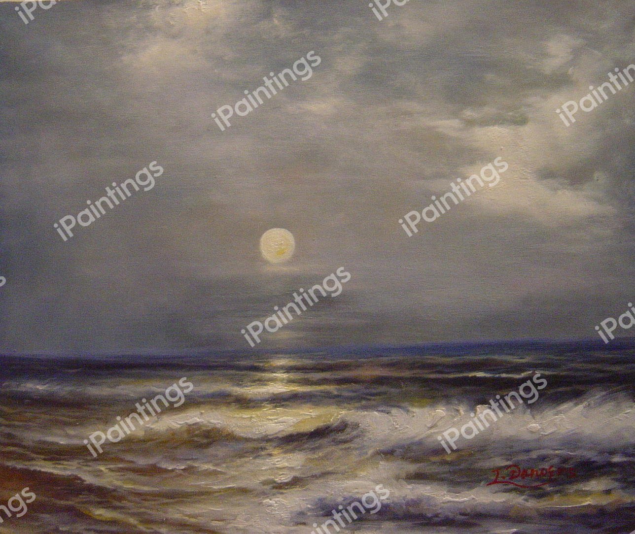 Moonlit Seascape. The painting by Thomas Moran