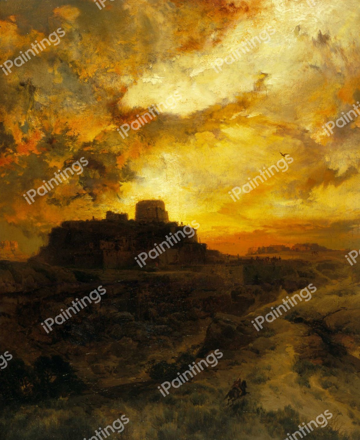 Sunset, Pueblo del Wape, Arizona. The painting by Thomas Moran