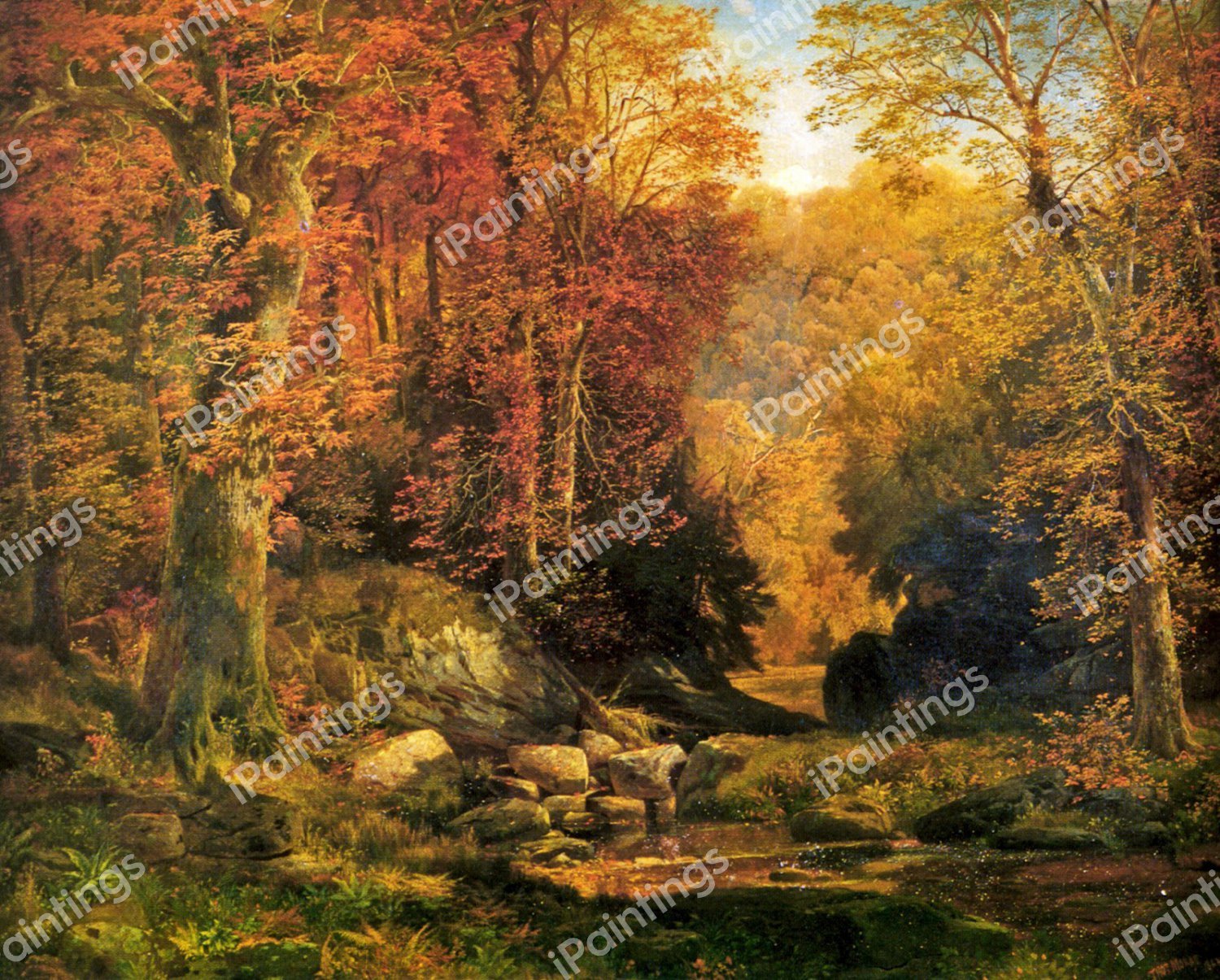 A Woodland Interior with Rocky Stream. The painting by Thomas Moran