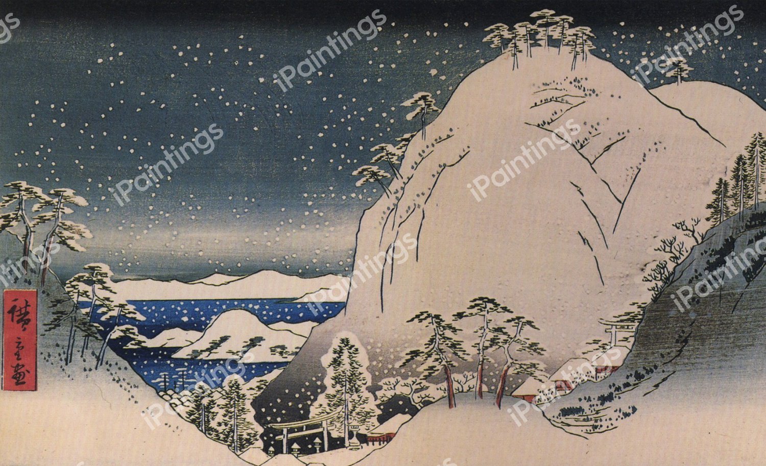 Shrines in Snowy Mountains. The painting by Utagawa Hiroshige
