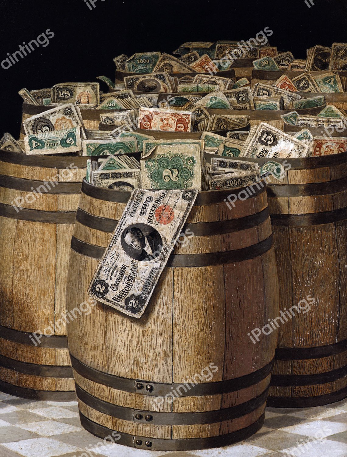 Barrels of Money 1. The painting by Victor Dubreuil