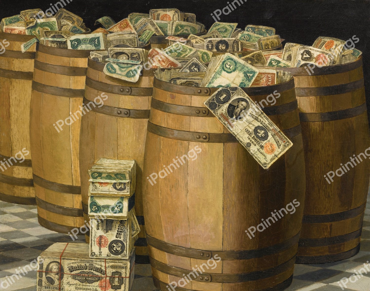 Barrels of Money 2. The painting by Victor Dubreuil