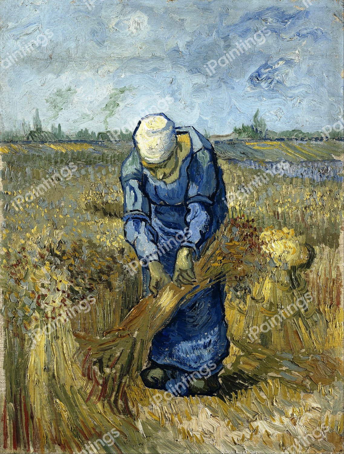 Peasant Woman Binding Sheaves. The painting by Vincent Van Gogh