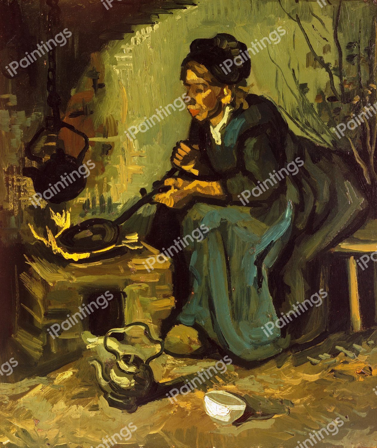 Peasant Woman Cooking by a Fireplace. The painting by Vincent Van Gogh