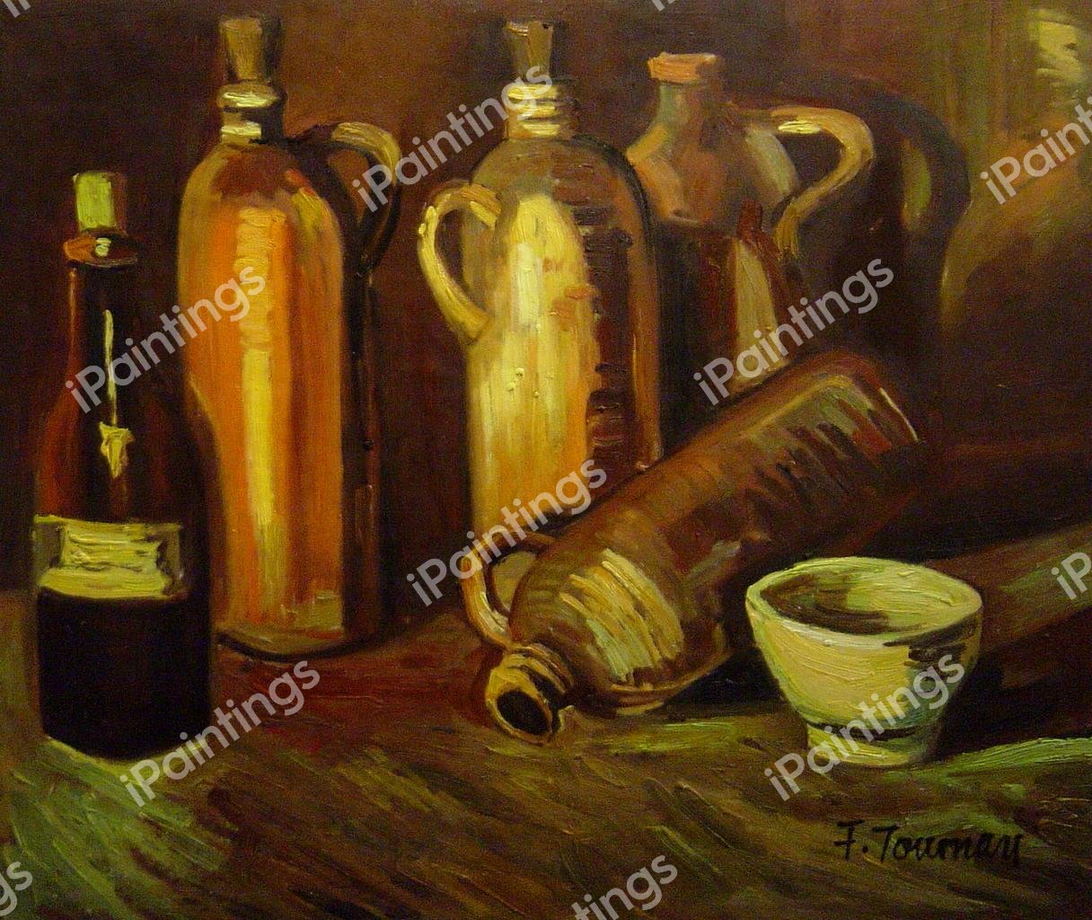 Still Life With Four Stone Bottles, Flask and White Cup. The painting by Vincent Van Gogh