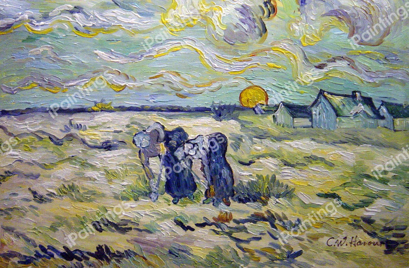 Two Peasant Women Digging In The Field With Snow. The painting by Vincent Van Gogh