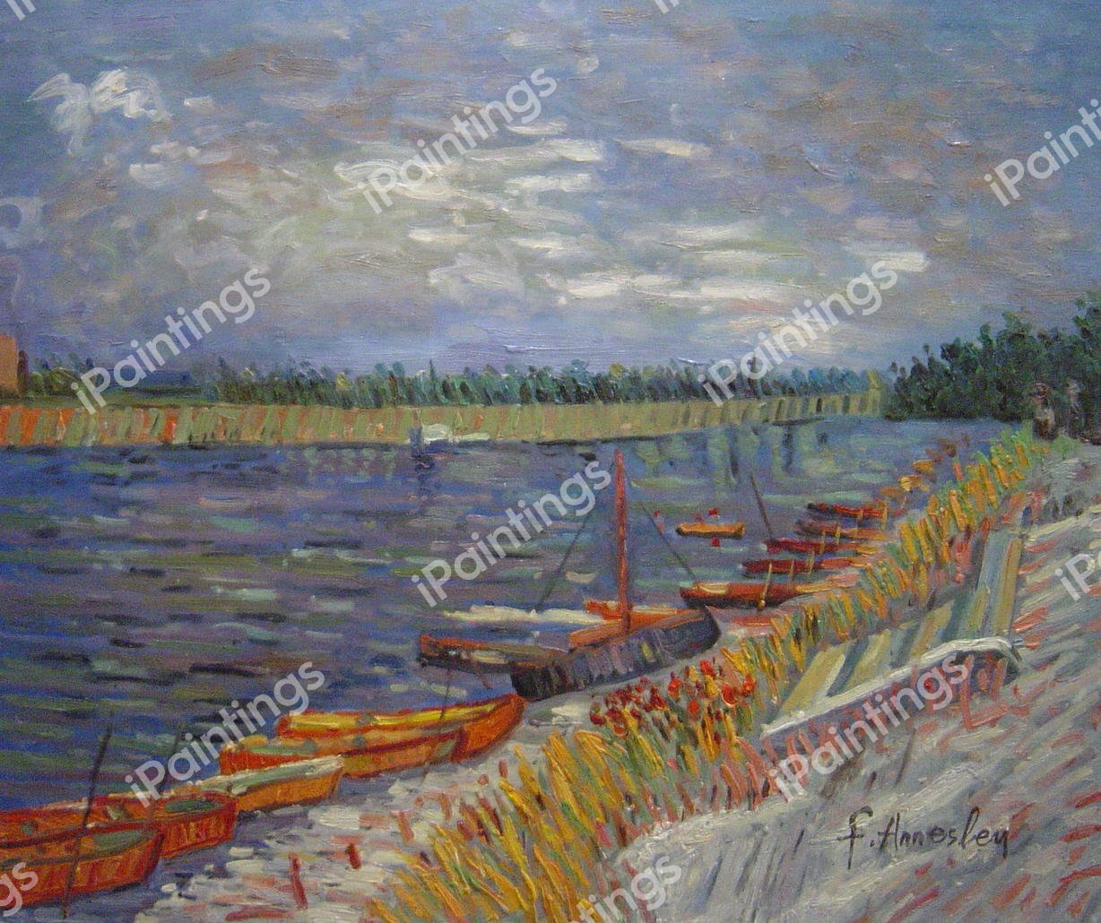 View Of A River With Rowing Boats. The painting by Vincent Van Gogh