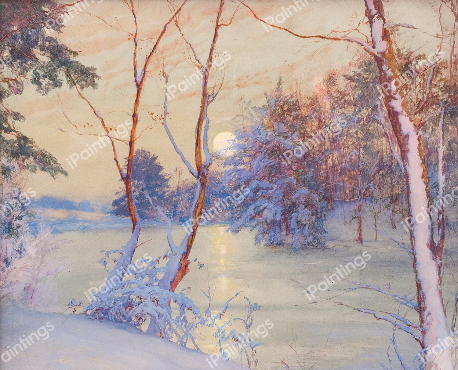 Winter Moonrise. The painting by Walter Launt Palmer
