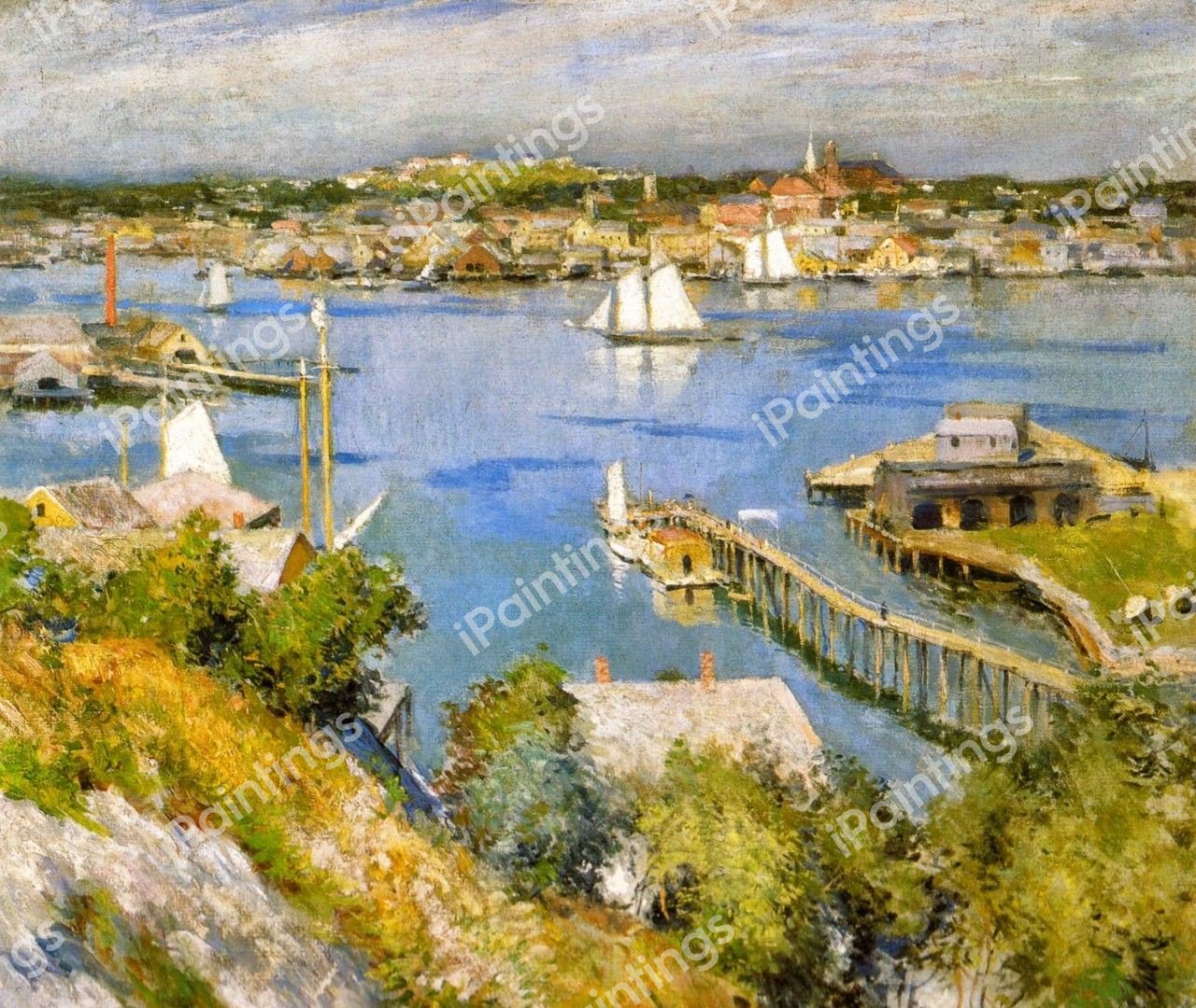 A Harbor in Gloucester. The painting by Willard Leroy Metcalf