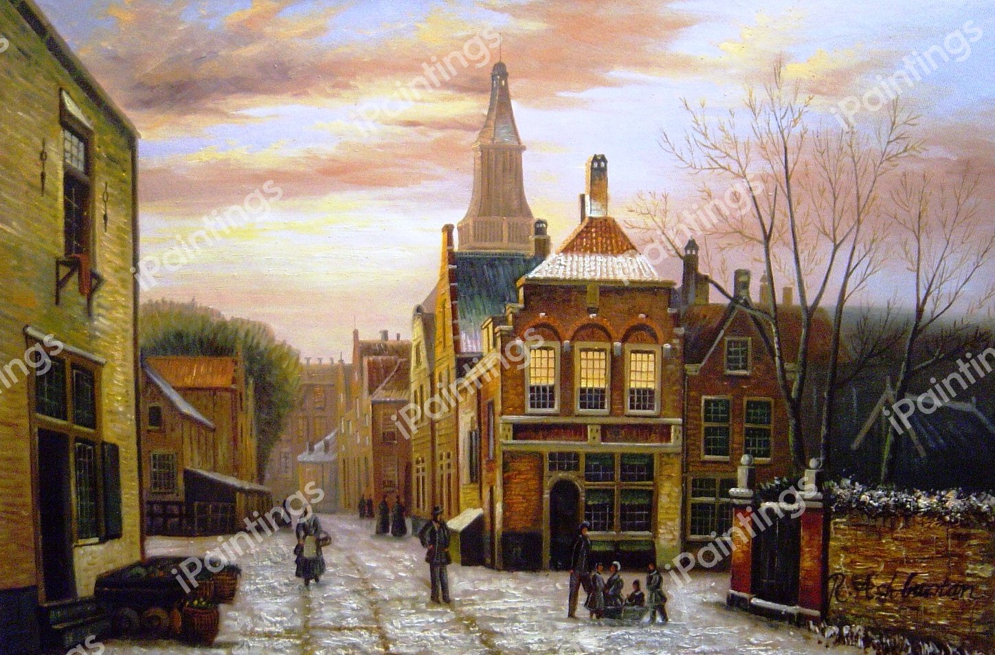 A Wintery Scene - A Dutch Street With Numerous Figures. The painting by Willem Koekkoek