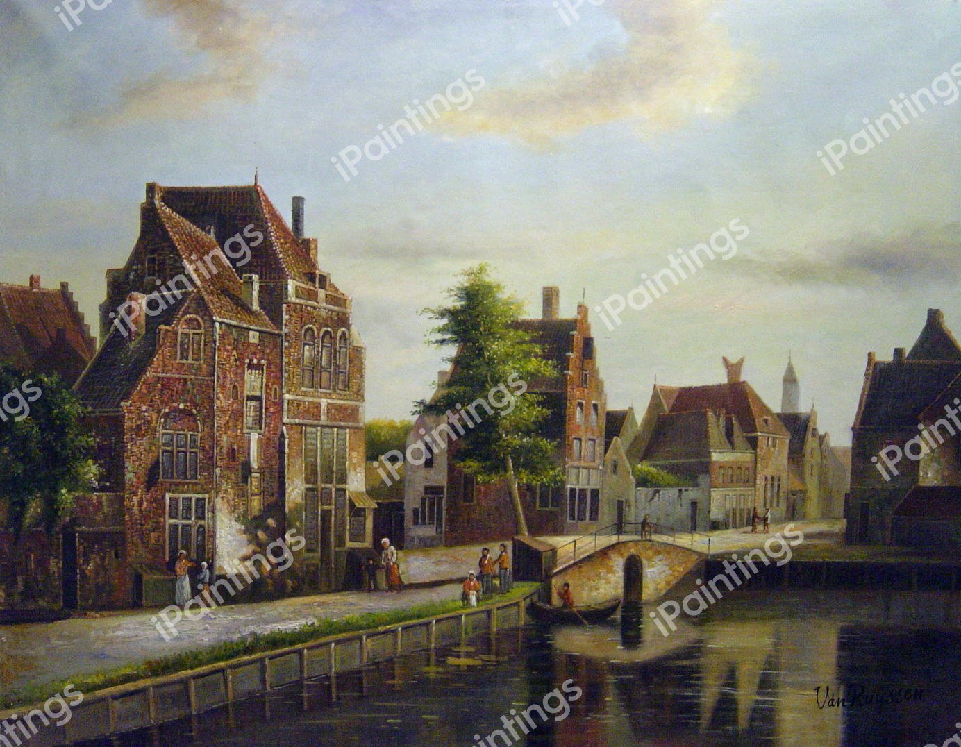 Figures By A Canal In A Dutch Town. The painting by Willem Koekkoek