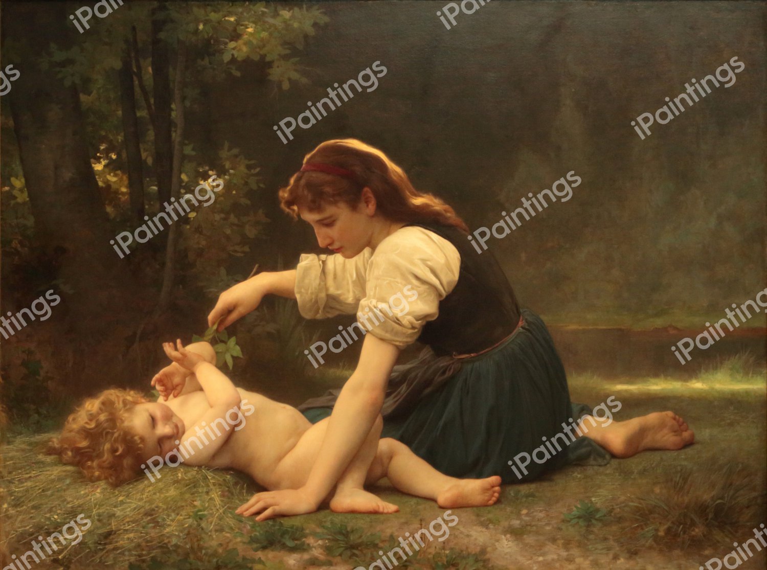 Nature's Fan - Girl with a Child. The painting by William-Adolphe Bouguereau